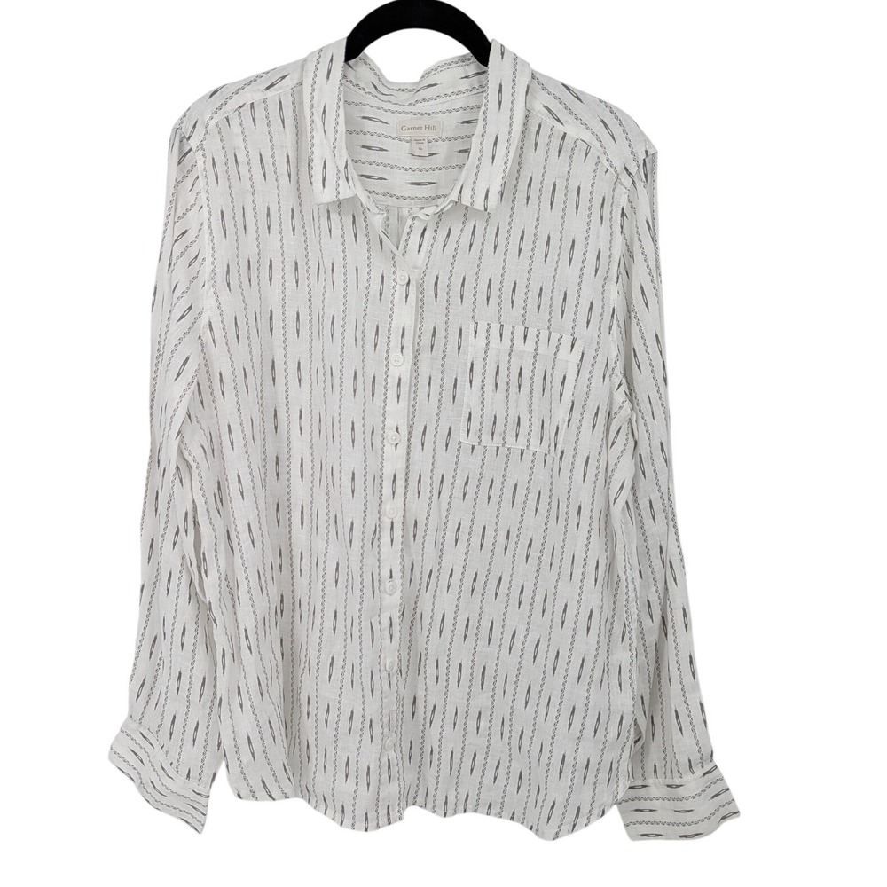 Garnet Hill Linen Button Down Women 14 White Ikat Long Sleeve Top Lightweight